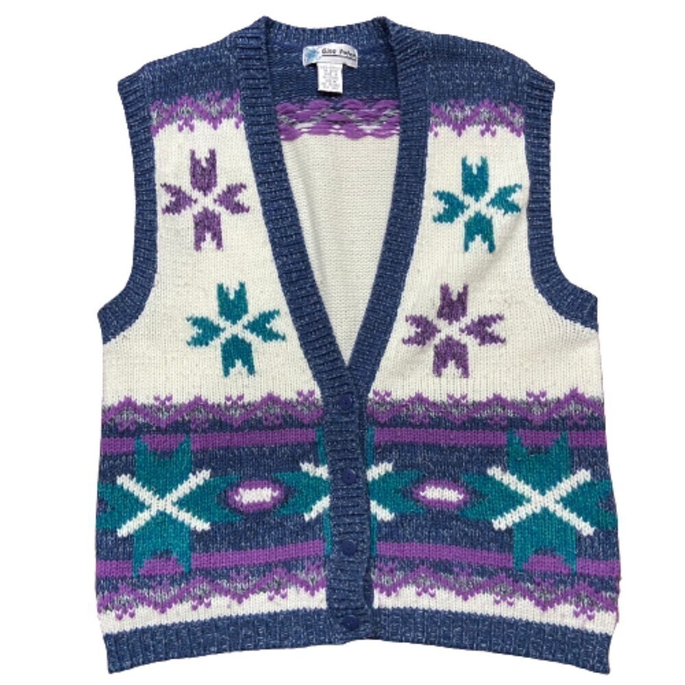 Gina Peters Vintage Knit Multicolored Cardigan Acrylic Blue Purple Teal Womens M